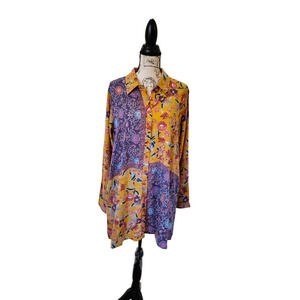 Tolani Collection Floral Boho Tunic Shirt Mini Dress Yellow Purple Long Sleeve S